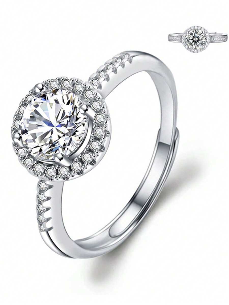 1 件女士时尚戒指，莫桑石豪华全钻 1 克拉圆形可调节开口戒指，适合女士礼物、婚礼、约会、情侣戒指