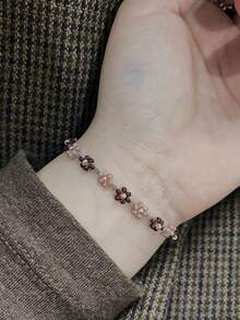 This New Fashionable Pearl Flower Elastic Adjustable Beaded Bracelet Is A Sweet And Simple Accessory Suitable For Women To Wear. - Brown - View 11