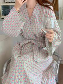 1pc Women's Robe - Minimalist European Style Long Sleeve Sleepwear, Cute Heart Pattern, Lightweight Fabric, Solid Color, Suitable For Spring, Autumn And Summer Home, Bedroom Casual Pajamas - Grid Little Heart - View 15