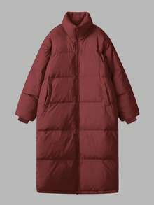 Women's Solid Color Casual Versatile Stand Collar Zip-Up Pockets Long Loose Padded Coat Coat Long Sleeve Top, Streetwear College Style Long Outerwear Coat, Women's Suitable For Cold Weather Outerwear Top, Winter Knee-Length Cotton Padded Jacket, Women's Streetwear Clothing Spring Jacket - Red - View 3