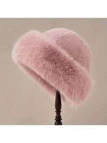 Women's Fashion Knitted Velvet Bucket Hat With Faux Fur - Elastic Warm Thick Mongolian Hat, Sun Protection, 75% Velvet 25% Cotton, Winter