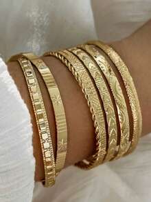 36/12/7 piezas Conjunto de pulseras para mujer, Vintage Fashion de alta calidad, elegante asimétrico con diseños de flores, lazos, estrellas, martillado, hexágonos, trenzado. Adecuado para citas, vacaciones, uso diario, fiestas, regalo de aniversario - Amarillo Oro - Ver 5