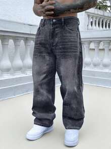 直筒棉质洗水牛仔裤，百搭宽腿洗水牛仔裤，宽松情侣款 - 火焰紅 - 查看 1