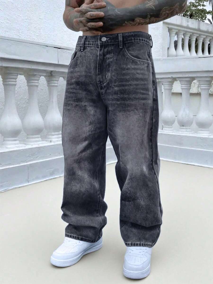 直筒棉质洗水牛仔裤，百搭宽腿洗水牛仔裤，宽松情侣款 - 火焰紅 - 查看 1