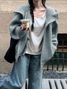 Áo khoác len cardigan trùm đầu, hàng mới về mùa thu, áo khoác len dáng rộng cao cấp, phong cách thoải mái, nhỏ nhắn dành cho nữ - Xám - Xem 3