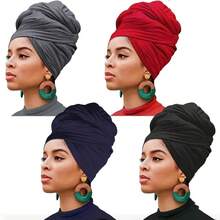 Set Of 4 Bohemian Style Pleated Head Wraps, Elegant Solid Color Turban Caps, Breathable And Ultra Soft Extra Long Headbands For Women - 灰色 紅色 藍色 黑色 - 查看 1