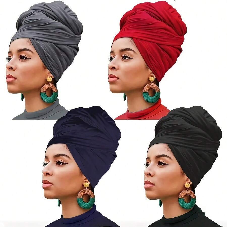 Set Of 4 Bohemian Style Pleated Head Wraps, Elegant Solid Color Turban Caps, Breathable And Ultra Soft Extra Long Headbands For Women - 灰色 紅色 藍色 黑色 - 查看 1