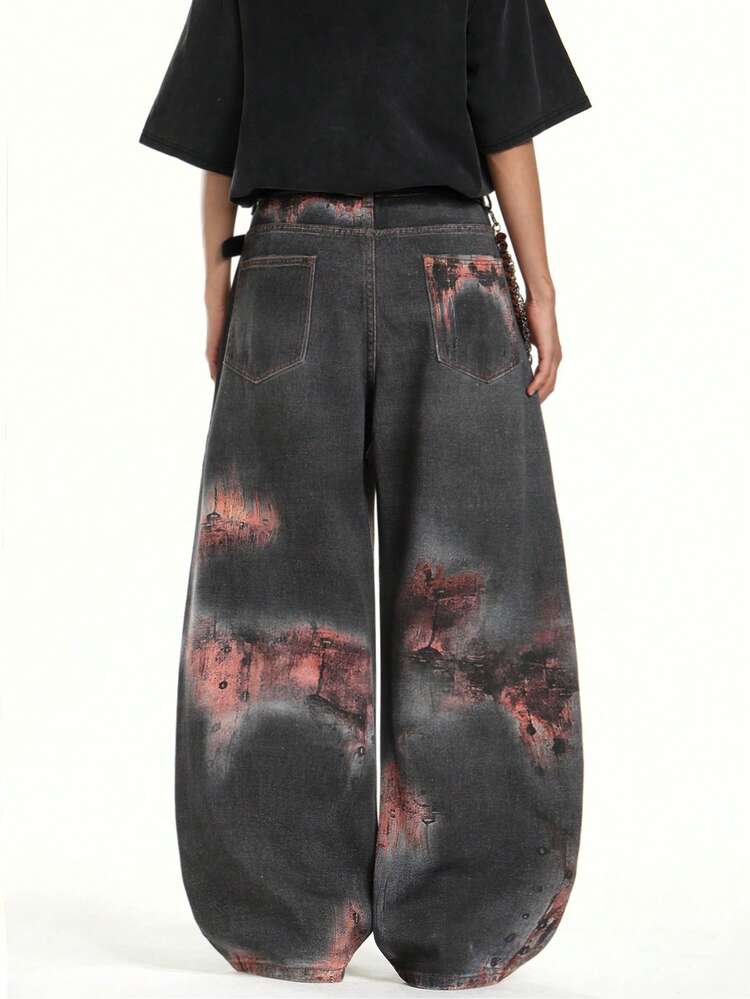 1 Peça Calça Jeans Bege Masculina Personalizada da Marca de Nicho Justice Brother, Calça Larga e Solta de Estilo Casual (Cinto e Acessórios Não Incluídos) - Marrom - Visão 8