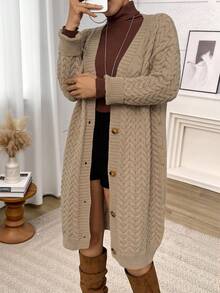 大码女式休闲纯色针织开衫，冬季 - 卡其色 - 查看 6
