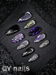 10片手工杏仁形全覆盖美甲贴片，中长款，紫色，时尚风格，适合女性和女孩，是送礼佳品，包含1片果冻垫和1个指甲锉。美甲用品，手工美甲贴片。 - 紫色 - 查看 3