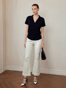 Blusa elegante de manga corta con cuello alto para mujer outfit oficina old money vintage - Azul Marino - Ver 3