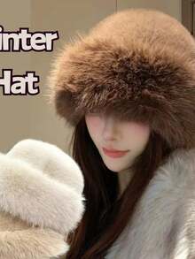 新款蓬松毛绒渔夫帽 保暖巴拿马帽 女士女孩加厚保暖贝雷帽 护耳帽 冬季帽子 女士圣诞礼物 - 彩色 - 查看 2