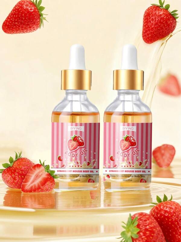 2Pcs Strawberry Jam Cake Body Oil - 2oz/60ml, Hydrating & Nourishing Essential Oil Massage For All Skin Types, Hypoallergenic With Glycerin, Vitamin C & Lavender