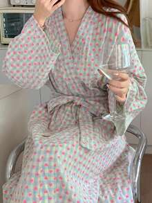 1pc Women's Robe - Minimalist European Style Long Sleeve Sleepwear, Cute Heart Pattern, Lightweight Fabric, Solid Color, Suitable For Spring, Autumn And Summer Home, Bedroom Casual Pajamas - Grid Little Heart - View 16
