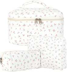 Set de Bolsas de Cosméticos de Viaje para Mujeres, Set de Bolsas de Aseo de Algodón, Bolsa de Aseo Acolchada para Mujeres con Patrón Floral, Paquete de 3, Cereza Blanca - Amarillo-naranja - Ver 9