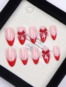 ARTAUG 24pcs Red Almond Shaped False Nails, Decorated With 3D Bow Knot And Pearl, Instantly Elevate Your Look, Designed For Fashionable Women And Girls, Perfect For Daily Wear, Parties, Valentine's Day And More. Removable And Reusable, Comes With Jelly Glue And 1 Cuticle Pusher. Red Nails Nail Supplies - Red - View 3