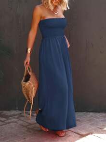 Womens Strapless Smocked Wide Leg Jumpsuit Sleeveless Casual Summer Chiffon Romper With Pockets - Màu xanh hải quân - Xem 2