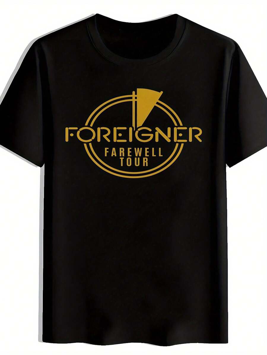 Camiseta gráfica vintage de banda de rock para hombres - Diseño "FOREIGNER FAREWELL TOUR", camiseta de poliéster negra de cuello redondo y manga corta, top casual de verano para fanáticos de la música, ideal para viajes y salidas a la playa, ropa para fanáticos de la música| Diseño de rock vintage| Camiseta de banda de rock de tela duradera - Negro - Ver 1