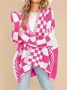 Womens Oversized Plaid Knit Cardigan Sweater Color Block Checkered Open Front Long Sleeve Coat - 粉色 - 查看 2