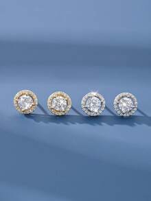 1 对复古 S925 纯银闪亮单颗锆石简约耳钉，高品质女士生日礼物，全新设计 - 圓形-1 - 查看 3