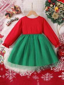 Christmas New Cute Baby Girl Casual Round Neck Long Sleeve Cartoon Santa Claus Mesh Patchwork Dress, Spring/Autumn