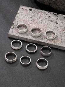 9pcs Fashionable Stainless Steel Men's Silver Ring Set, Includes Star, Moon, Copper Coin, Matte, Snake Skin Textured Elements