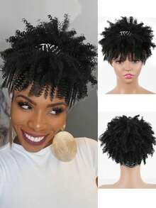 Curly Wigs For Women, Headband Wigs With Bangs, Synthetic Short Afro Kinky Curly Wig With Headband Attached, Drawstring High Afro Puff Brown Curly Wig Turban - 黑色 - 查看 1