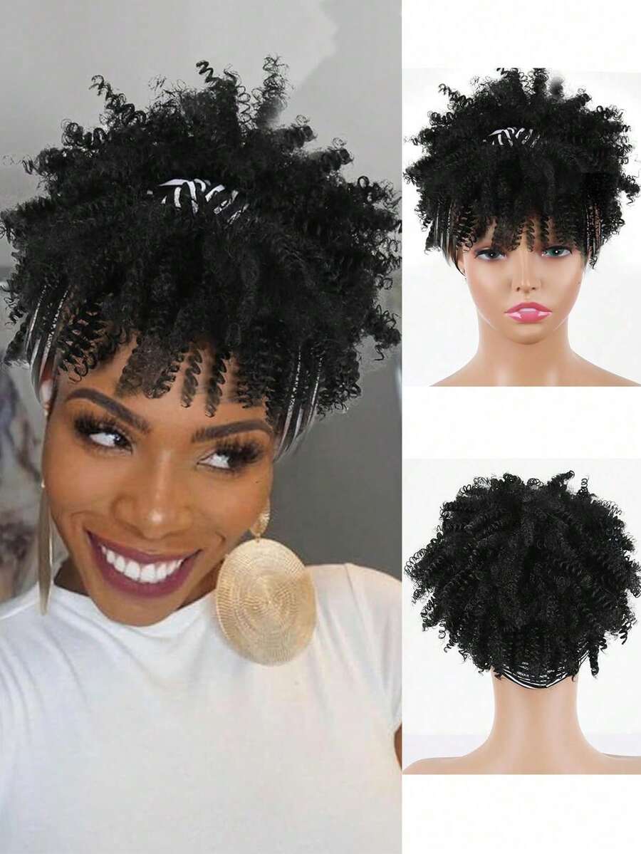 Curly Wigs For Women, Headband Wigs With Bangs, Synthetic Short Afro Kinky Curly Wig With Headband Attached, Drawstring High Afro Puff Brown Curly Wig Turban - 黑色 - 查看 1