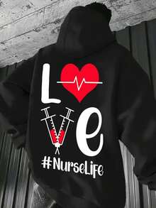 Men's Nursing-Themed Hooded Sweatshirt - Medical Graphic Print With Love & Nurse Life Design, Healthcare Worker Apparel, Casual Comfort Fit, All-Season Wear, Machine Washable (Nurse Practitioners, Doctors, Medical Assistants) - Relaxed Fit With Drawstring Hood, Vibrant Medical Symbols, Ideal For Nurses & Healthcare Professionals, Mens Nurse Hoodies,Fall Hoodies,Men's Fall Clothes,Street Wear,Halloween,Mens Hoodies,Y2k Clothes,Jesus Hoodie,Thanksgiving Day,Nightmare Before Christmas,Christmas - 黑色 - 查看 1