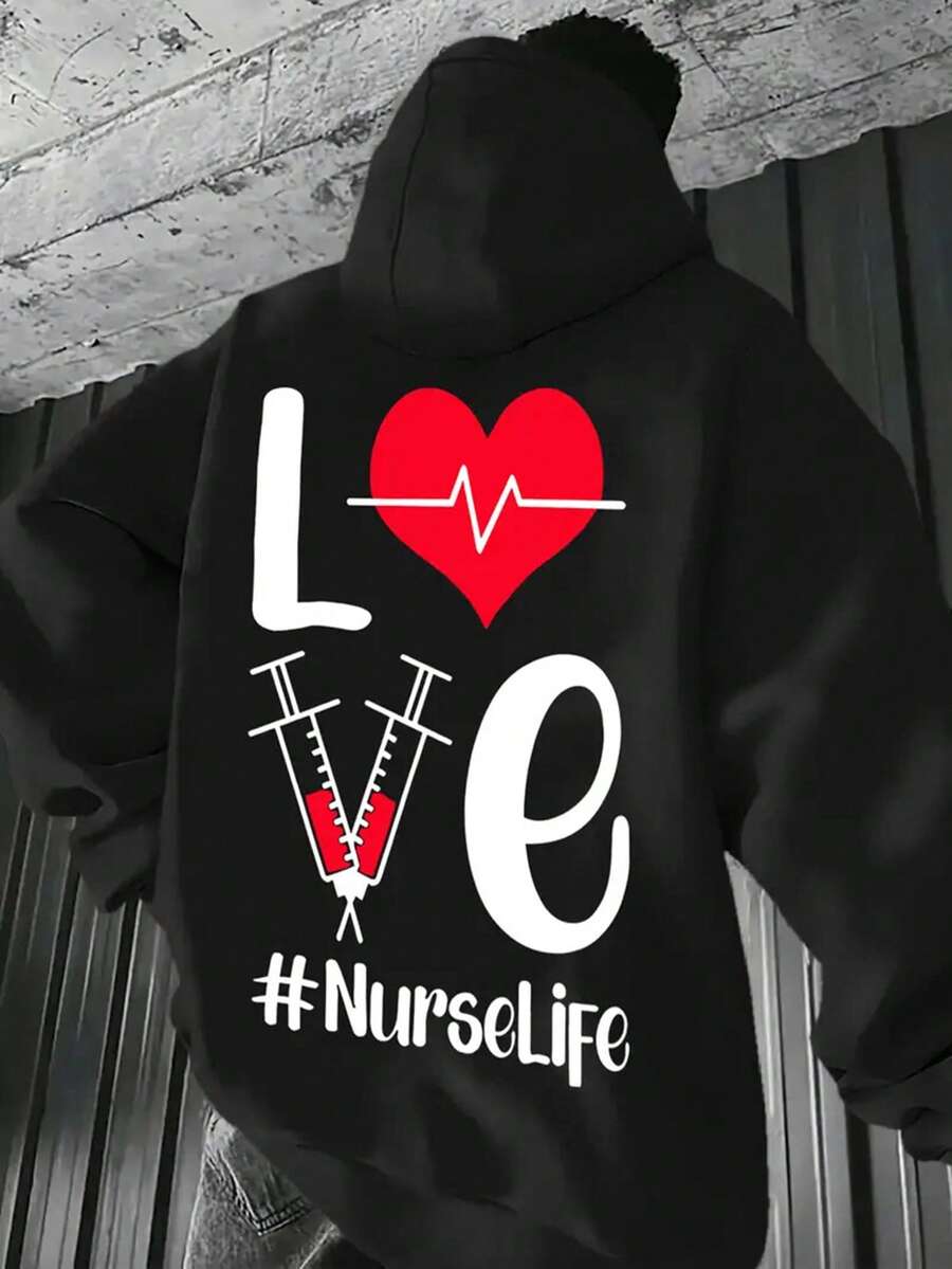 Men's Nursing-Themed Hooded Sweatshirt - Medical Graphic Print With Love & Nurse Life Design, Healthcare Worker Apparel, Casual Comfort Fit, All-Season Wear, Machine Washable (Nurse Practitioners, Doctors, Medical Assistants) - Relaxed Fit With Drawstring Hood, Vibrant Medical Symbols, Ideal For Nurses & Healthcare Professionals, Mens Nurse Hoodies,Fall Hoodies,Men's Fall Clothes,Street Wear,Halloween,Mens Hoodies,Y2k Clothes,Jesus Hoodie,Thanksgiving Day,Nightmare Before Christmas,Christmas - 黑色 - 查看 1