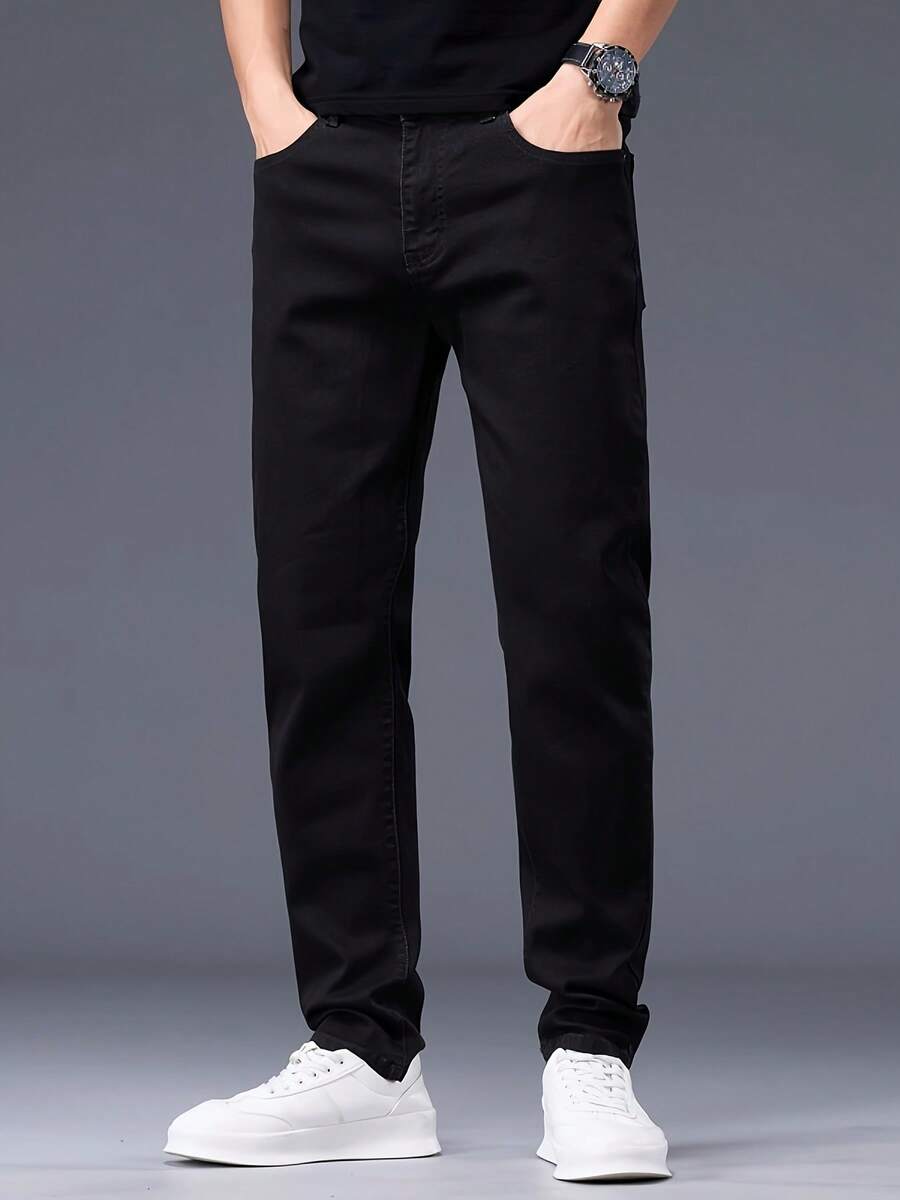 Stretch Jeans Men's Straight Leg Everyday Slim Men's Jeans Skinny Pants Denim Stretch Jeans, Cotton Products Slanted Pockets, Personality And Versatile - 黑色 - 查看 1