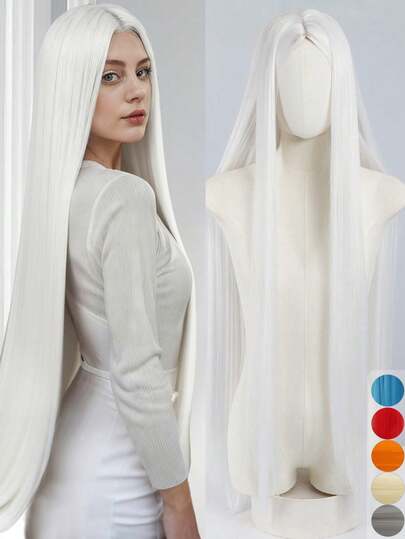 Peluca sintética blanca de 40 pulgadas de largo para mujeres, peluca de cabello liso y blanco natural con raya al medio, adecuada para uso diario y disfraces de Halloween