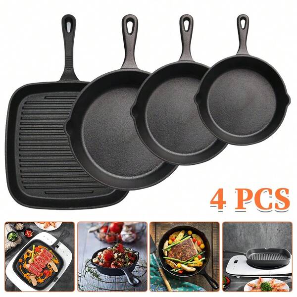 4-teiliges Schwerlast-Grill- & Bratpfannen Gusseisen mit Deckeln, erhöhte Ränder & Abflussöffnungen, gleichmäßige Wärme, spülmaschinenfest für Pfannkuchen/Braten/Burger