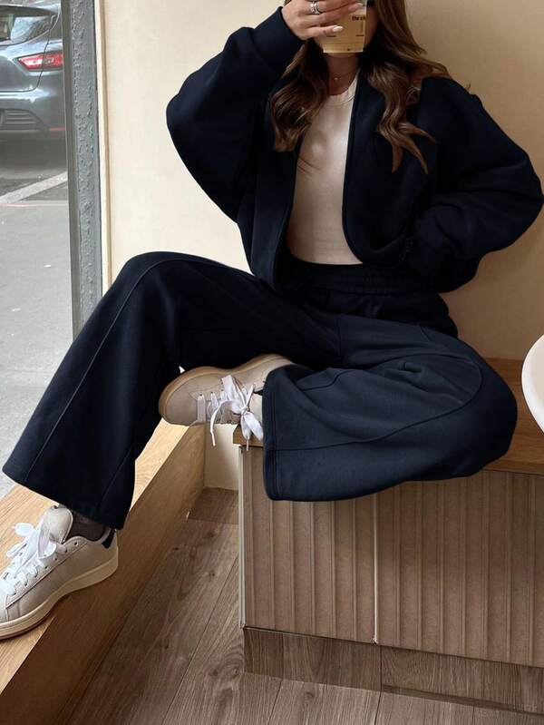 GAOVOT Tuta da donna in due pezzi, autunno/inverno, casual, per pendolarismo e strada, con cardigan con collo alto e pantaloni larghi e dritti