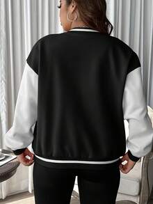 Stylish Women's Two Tone Baseball Collar Bomber Jacket Casual Regular Fit Long Sleeve Outerwear - 黑色 - 查看 3