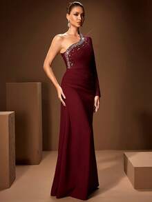 Women's Oblique Collar Solid Color Ruched Beaded Bodycon Maxi Dress, Long Sleeve - Burgundy - View 6
