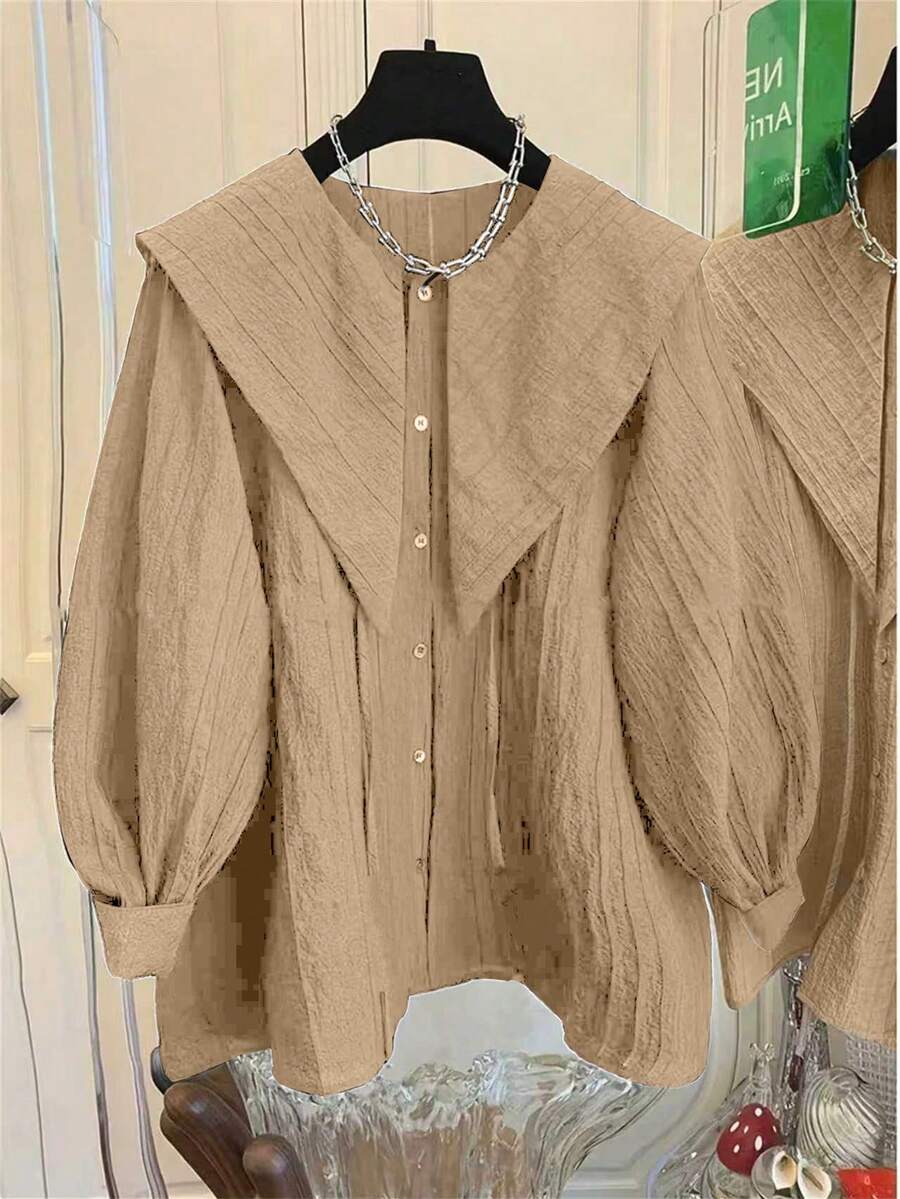 Black Pleated Long Sleeve Blouse Button Front Drawstring Detail - Polyester Washable Sailor Collar Fashion Women Shirt For All Season