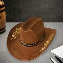Women Men Embroidery Cowgirl Hat Wide Brim Cattle Head Belted Wool Hat Felt Jazz Cap For Party - 卡其色 - 查看 2