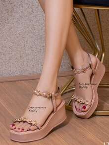 Comfort Sandal Platform Wedge Flat Papete ABS Detail 2 Straps Bohemian Y2K PU Leather Chain Office Party Wedding Home - 裸體 - 查看 9