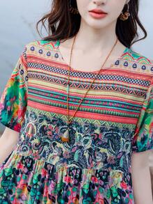 FANMUER Váy đi biển mùa hè họa tiết hoa Bohemian thanh lịch giản dị dành cho nữ - Đen và xanh lá cây - Xem 10