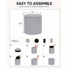 16.9 Inch Foldable Black Round Ottoman With Hidden Storage, Soft Faux Teddy Fur Footrest Side Table, Living Room, Bedroom