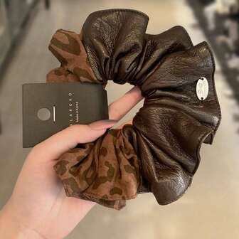 1个复古豹纹荷叶边发圈，时尚小众设计优雅发绳，2025新款高品质礼物送给女朋友，马尾辫发圈