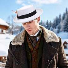 Wide Brim Fedora Hats With Feather For Women Men Western Panama Floppy Hat - trắng - Xem 4