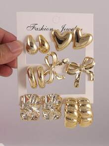 1/5 Paar modische goldene Blumen-, Herz-, Schleifen- und Diamant-förmige Ohrringe Set, geeignet für den täglichen Gebrauch von Frauen - Gold - Übersicht 11