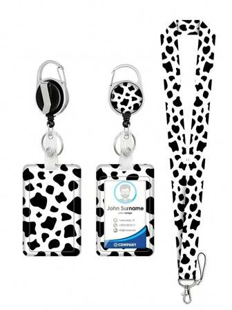 1 件黑白奶牛印花卡夹，可伸缩登山扣，适用于办公用品、工作证、校园卡、身份证、粉丝卡存储