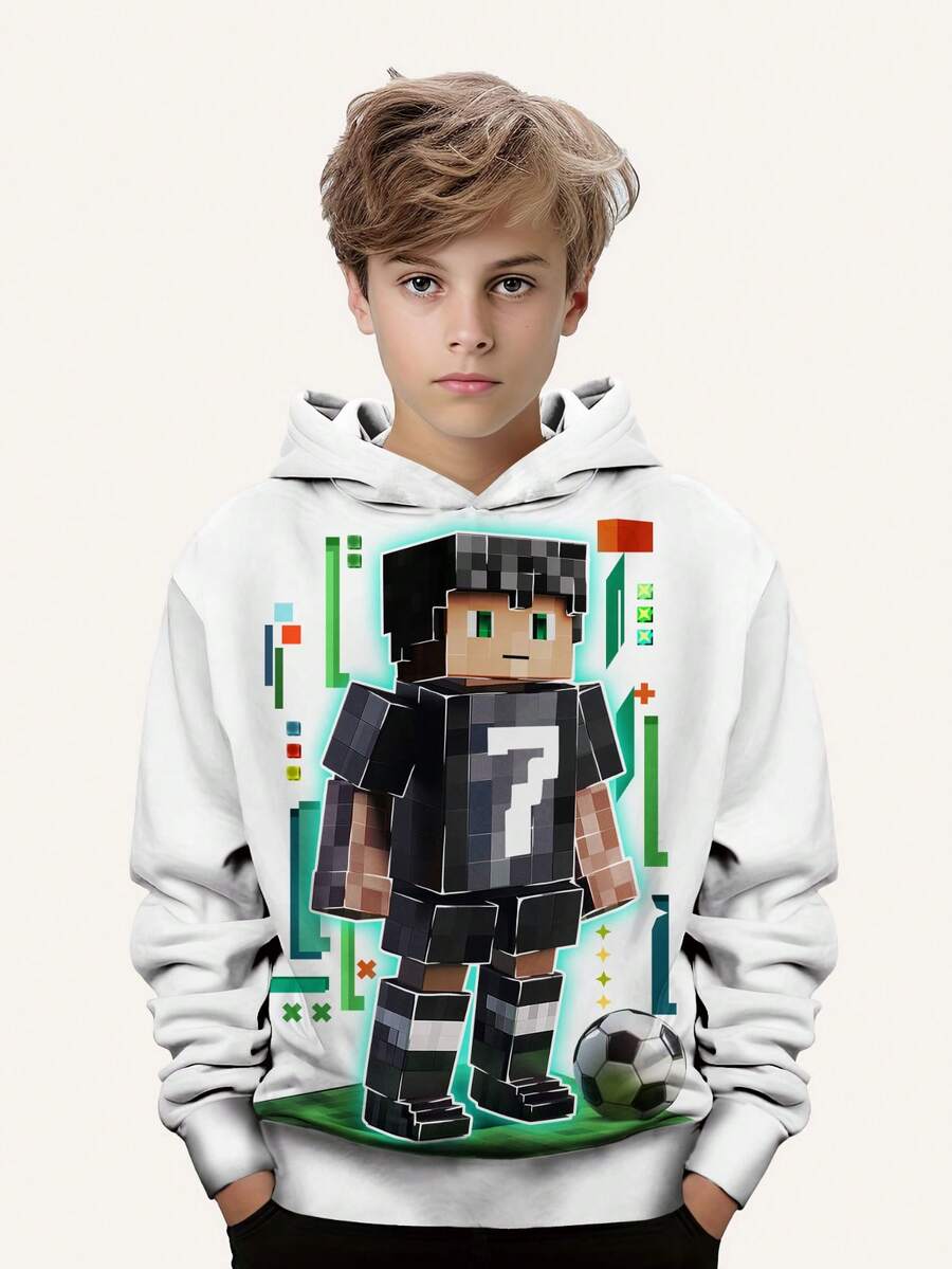 Sudadera con capucha de manga larga con cuello redondo y estampado gráfico de moda para niño preadolescente, adecuada para primavera/otoño, estampado de Pixel Man 7# Cool - Blanco - Ver 1