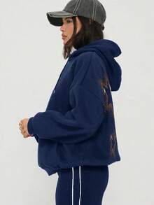 Áo hoodie/áo nỉ nữ LOVE JOYY dáng rộng, thời trang, đính đá lấp lánh. - Màu xanh hải quân - Xem 2