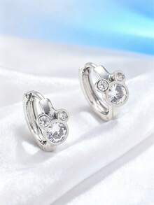 1pc Funny Cartoon Mouse Hoop Earrings Fashionable Simple Style Copper Silver Inlaid With Sparkling Cubic Zirconia Women's Earrings Ideal For Casual Wearing And Gifting - Silver - View 3