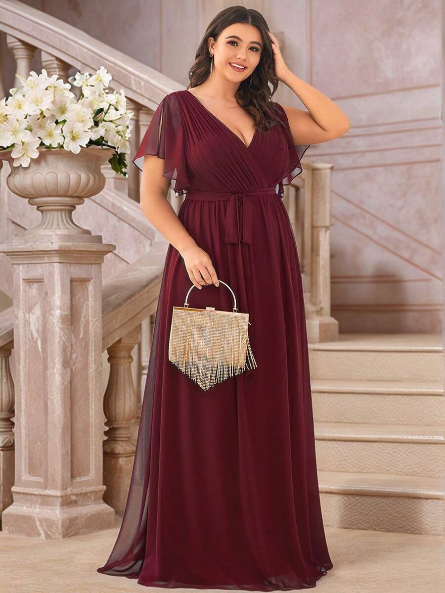 EVERPRETTY Elegant V-Neck Ruffle Flare Sleeve Floor-Length Burgundy Bridesmaid Dress, Spring/Summer Wedding Guest Party Dress