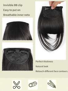 Perucă cu clips cu breton francez 1 buc, perucă sintetică densă și naturală, păr drept cu perciunii, potrivită pentru femei blonde, 15 cm, cu agrafă de păr, agrafă de păr, agrafă de păr